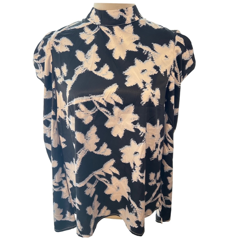Pants Store Blouse Navy‎ & Cream Floral Puff Sleeve Mock Neck Women Medium
